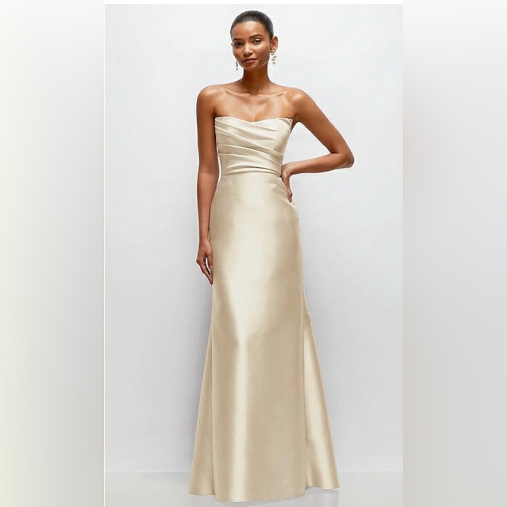 ALFRED SUNG Strapless Satin Gown in Champagne Gold